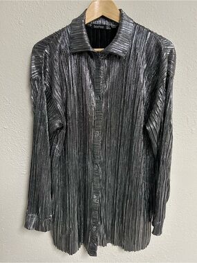 Boohoo Metallic Silver Plisse Pleated Oversized Button Down Shirt Blouse M 8
